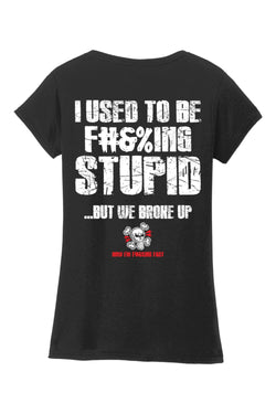 Gildan Softstyle Ladies Fit V-Neck T-Shirt "RU F#&%ING STUPID" (WHITE)